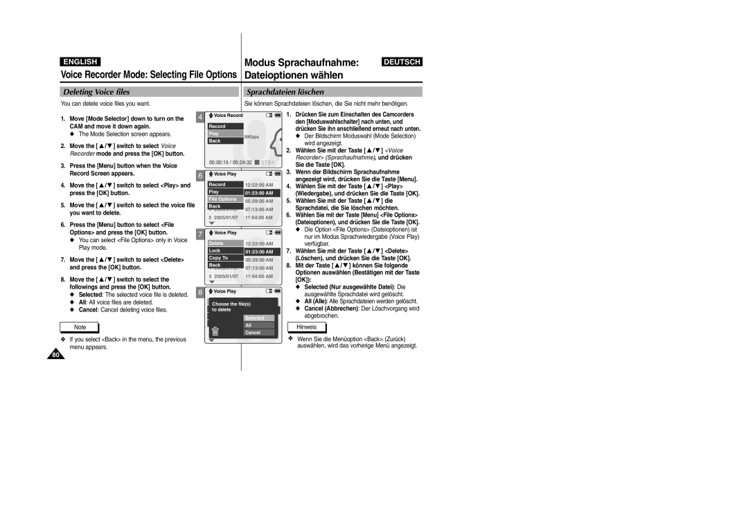 Samsung VP-X105L, VP-X110L Deleting Voice files Sprachdateien löschen, You can select File Options only in Voice Play mode 