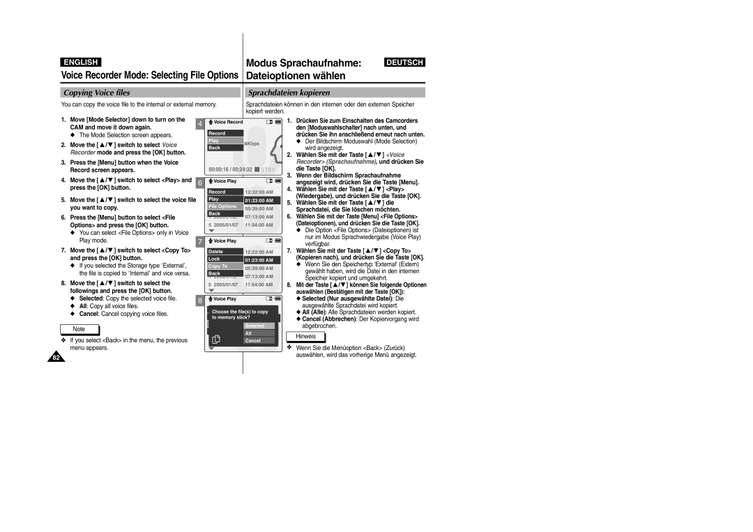 Samsung VP-X105L, VP-X110L manual Copying Voice files, Sprachdateien kopieren, Move the / switch to select Play 