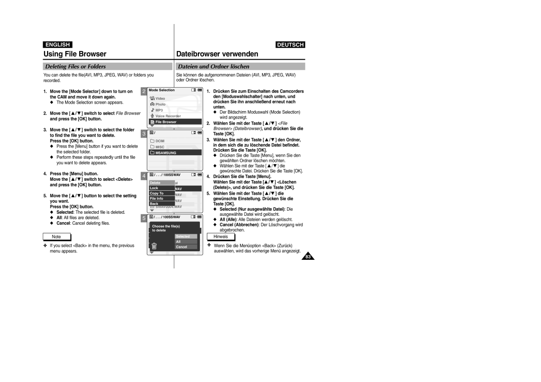 Samsung VP-X110L, VP-X105L manual Deleting Files or Folders Dateien und Ordner löschen 