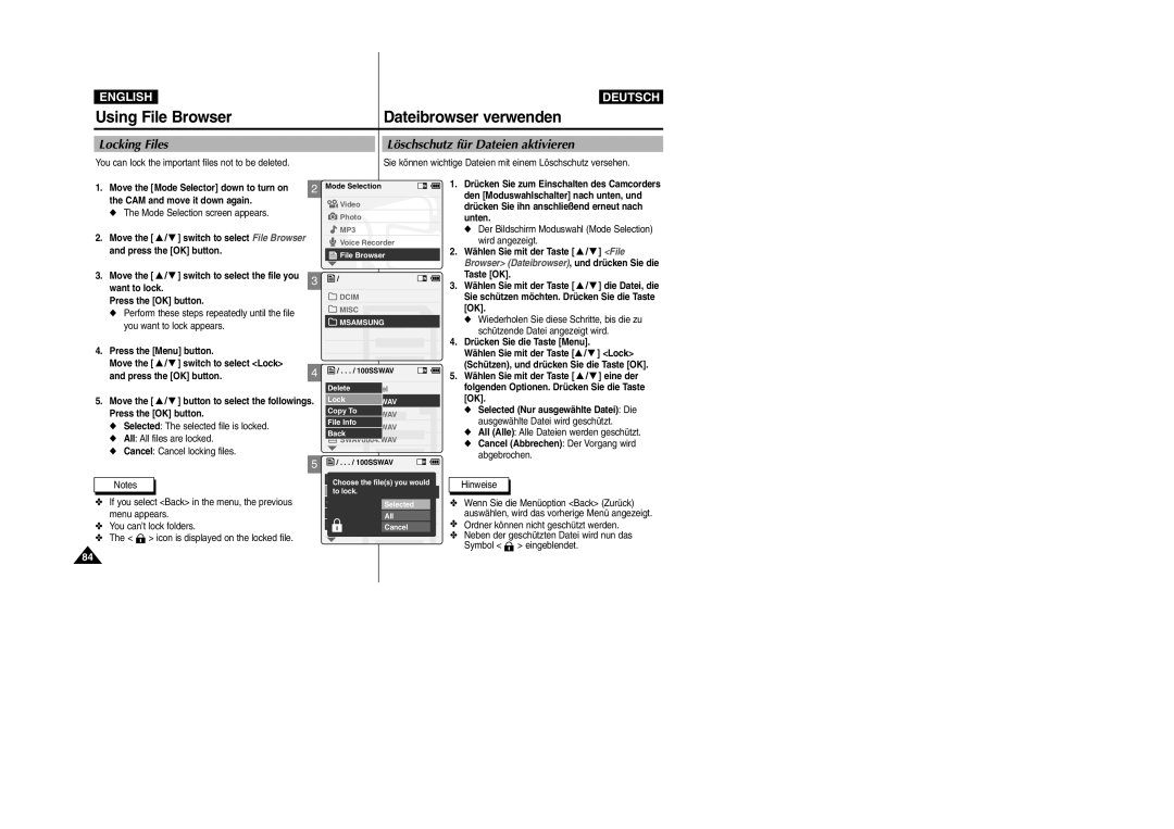 Samsung VP-X105L Using File Browser Dateibrowser verwenden, Locking Files Löschschutz für Dateien aktivieren, Want to lock 