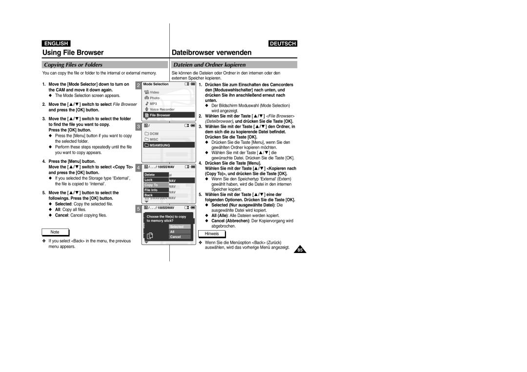 Samsung VP-X110L manual Using File Browser Dateibrowser verwenden, Dateien und Ordner kopieren, Copying Files or Folders 