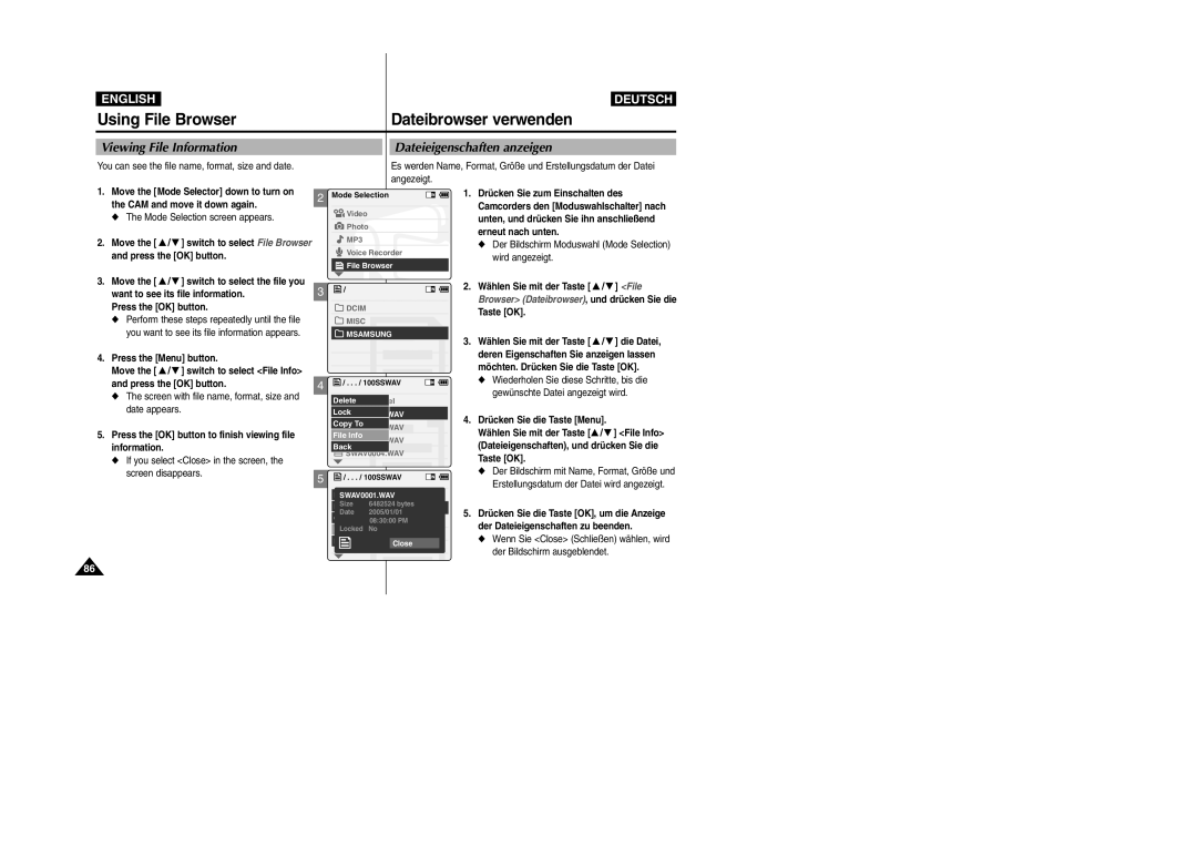 Samsung VP-X105L Viewing File Information Dateieigenschaften anzeigen, You can see the file name, format, size and date 