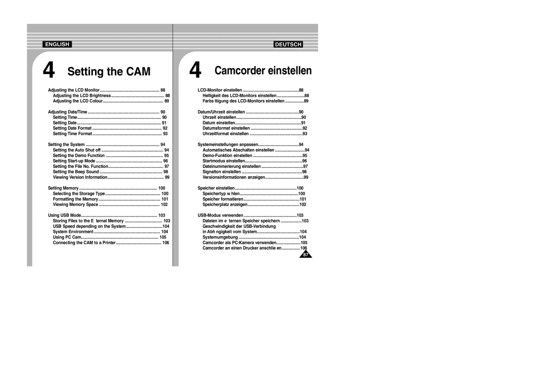 Samsung VP-X110L, VP-X105L manual Setting the CAM, Geschwindigkeit der USB-Verbindung 