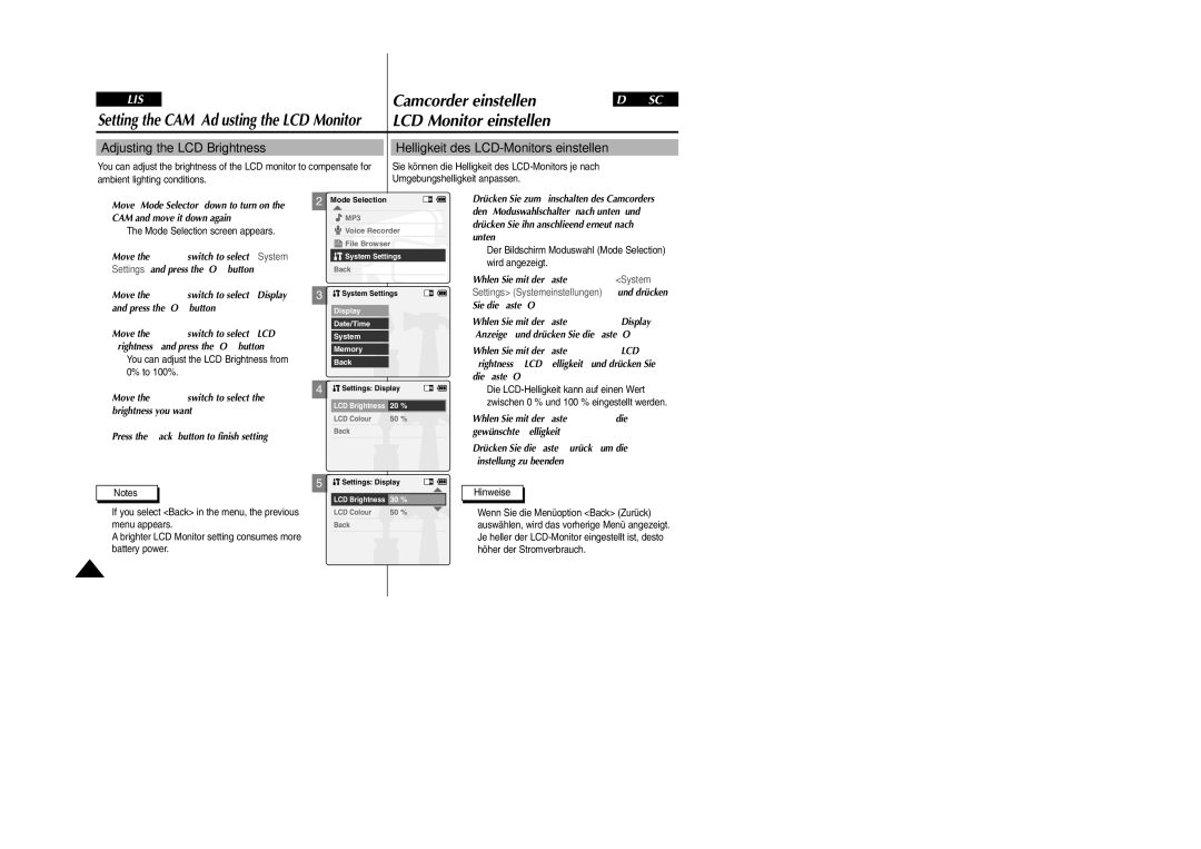 Samsung VP-X105L, VP-X110L manual Camcorder einstellen 