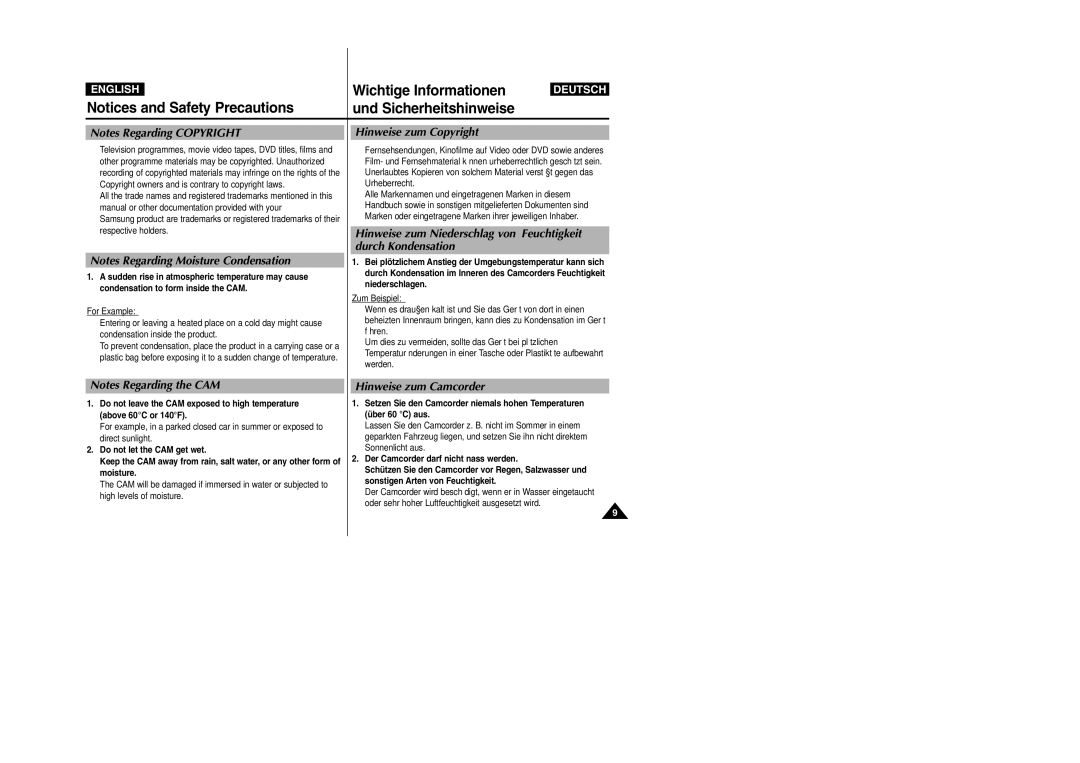 Samsung VP-X110L, VP-X105L Wichtige Informationen, Und Sicherheitshinweise, Hinweise zum Copyright, Hinweise zum Camcorder 