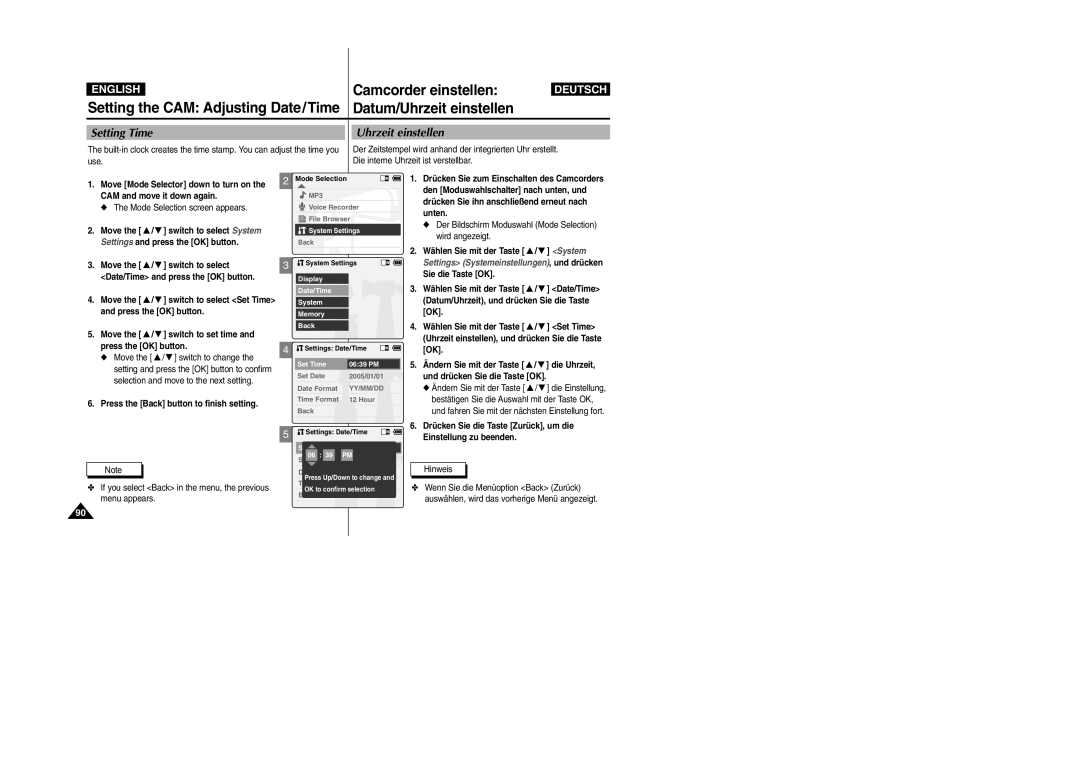 Samsung VP-X105L, VP-X110L Setting the CAM Adjusting Date/Time, Datum/Uhrzeit einstellen, Setting Time Uhrzeit einstellen 