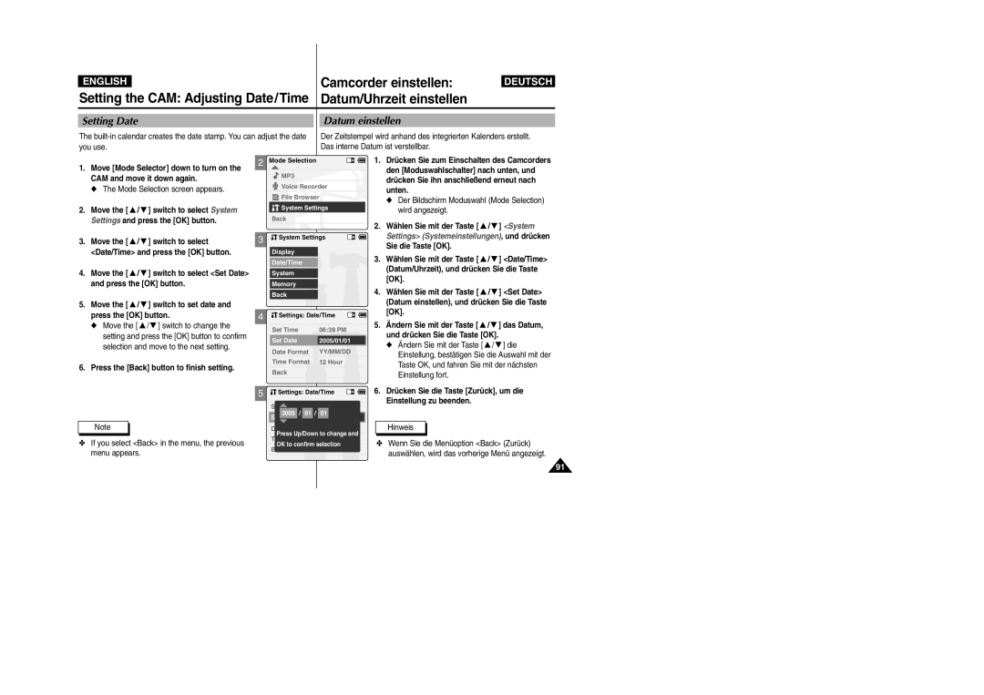 Samsung VP-X110L, VP-X105L manual Setting Date Datum einstellen 