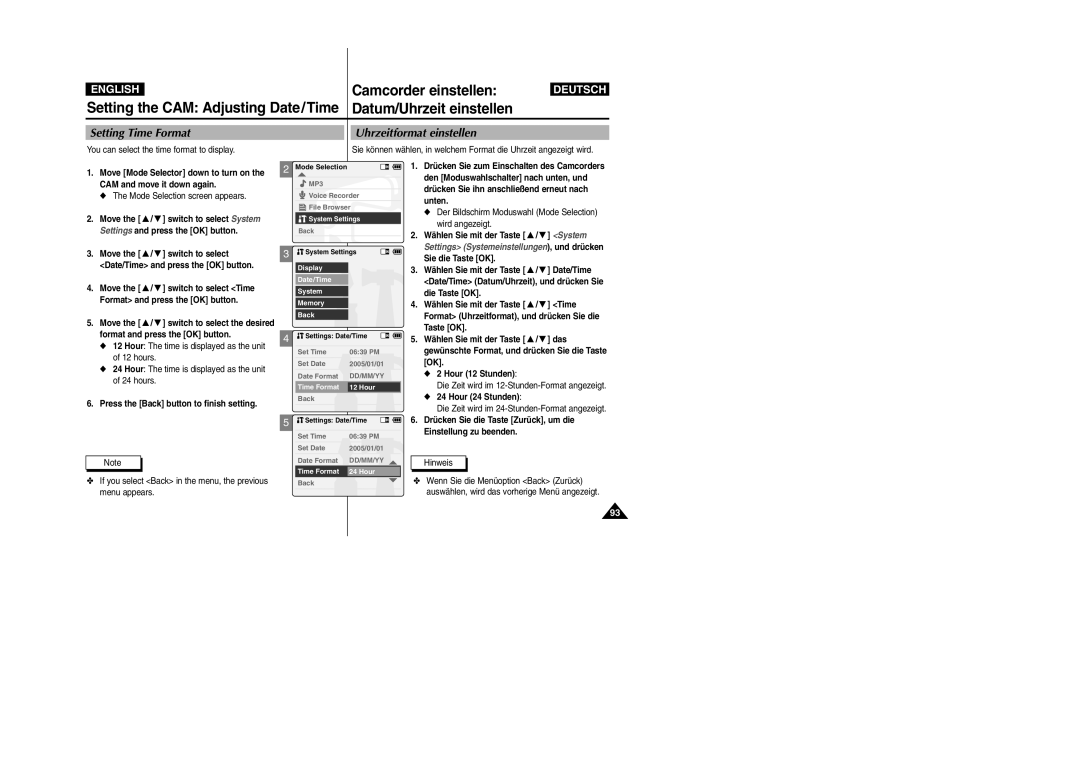 Samsung VP-X110L, VP-X105L Setting Time Format, Uhrzeitformat einstellen, Die Zeit wird im 12-Stunden-Format angezeigt 