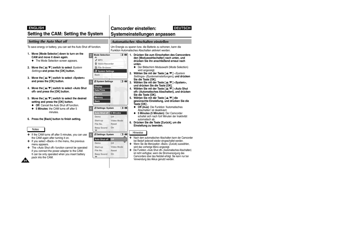 Samsung VP-X105L, VP-X110L manual Setting the Auto Shut off, Um Energie zu sparen bzw. die Batterie zu schonen, kann die 