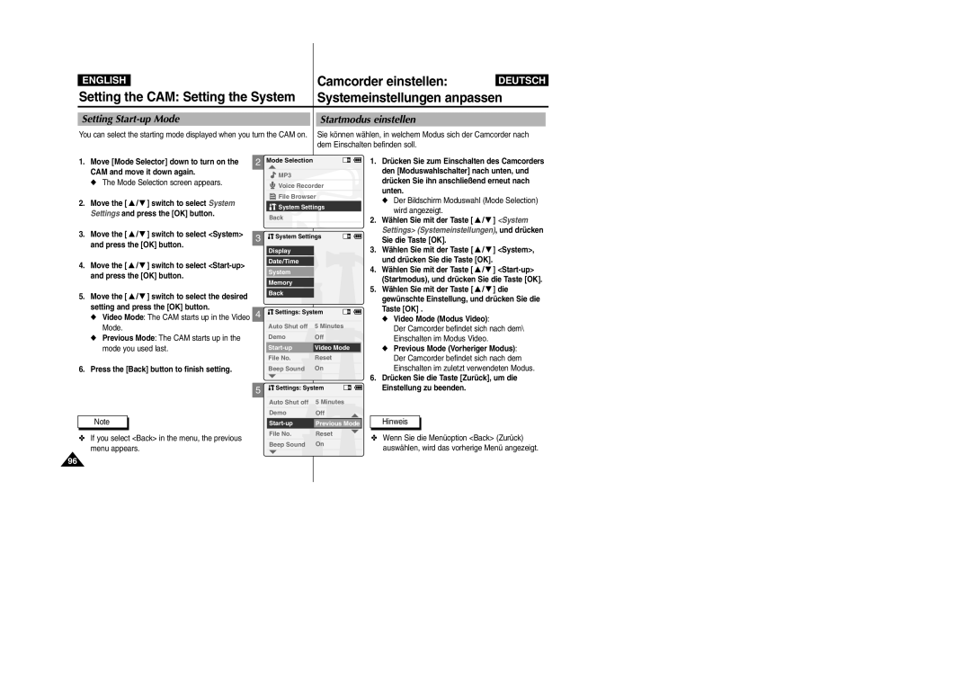 Samsung VP-X105L Setting Start-up Mode Startmodus einstellen, Move the / switch to select Start-up and press the OK button 