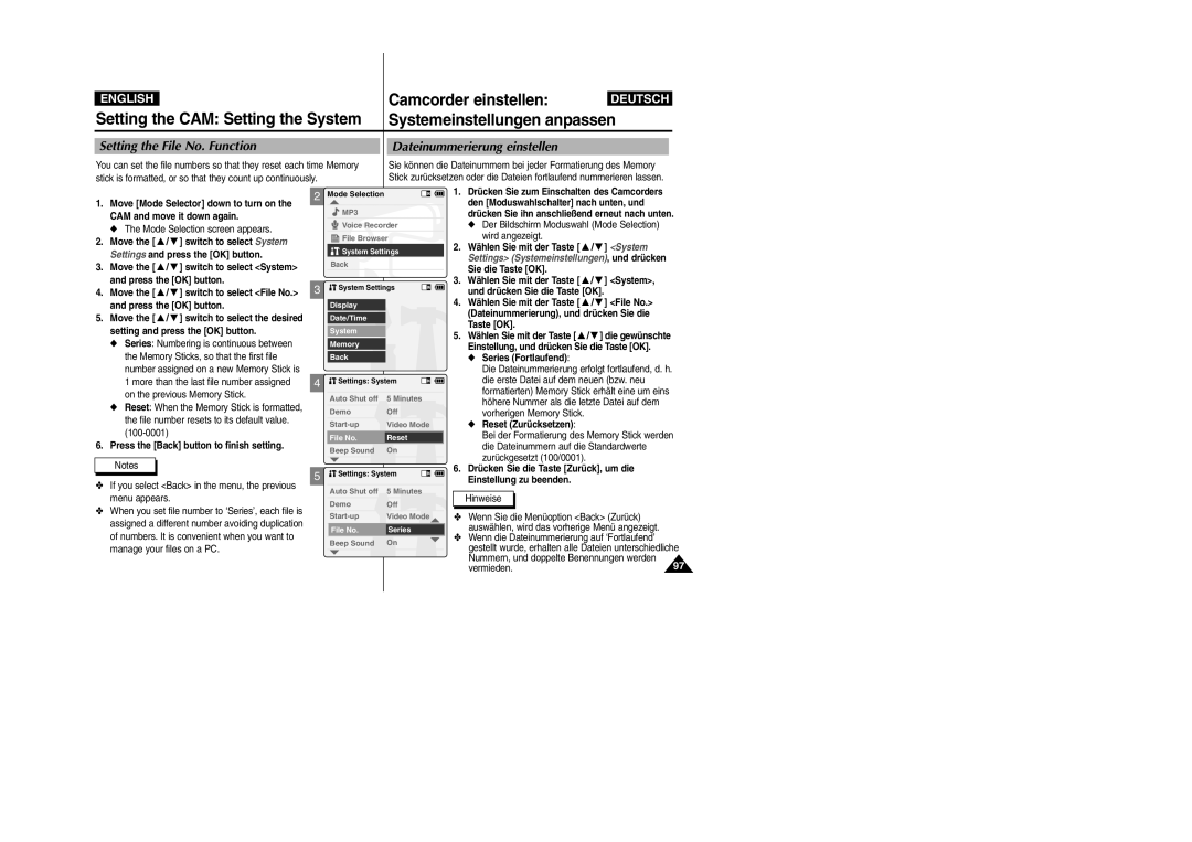 Samsung VP-X110L, VP-X105L manual Setting the File No. Function Dateinummerierung einstellen 