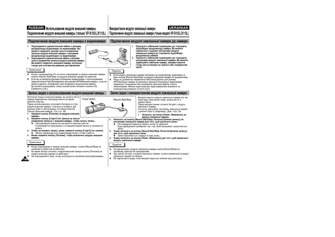 Samsung VP-X105L/SEO manual ÀÒÔÓÎ¸ÁÓ‚‡ÌËÂ ÏÓ‰ÛÎﬂ ‚ÌÂ¯ÌÂÈ Í‡ÏÂ˚, ÈÓ‰ÍÎ˛˜ÂÌËÂ ÏÓ‰ÛÎﬂ ‚ÌÂ¯ÌÂÈ Í‡ÏÂ˚ ÚÓÎ¸ÍÓ VP-X105L/X110L 