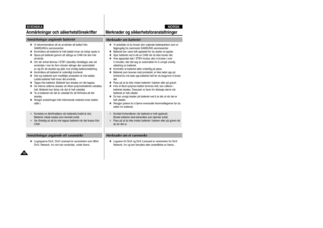 Samsung VP-X105L/XEE manual Anmärkningar och säkerhetsföreskrifter, Anmärkningar angående batteriet, Merknader om batteriet 