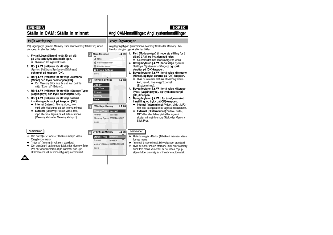Samsung VP-X105L/XEE, VP-X105L/XEV manual Ställa in CAM Ställa in minnet, Välja lagringstyp Velge lagringstype 