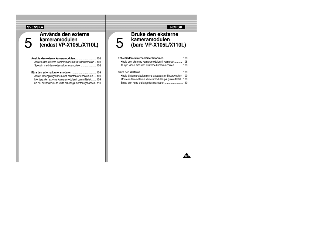 Samsung VP-X105L/XEV, VP-X105L/XEE 108, 109, 110, Ansluta den externa kameramodulen, Koble til den eksterne kameramodulen 