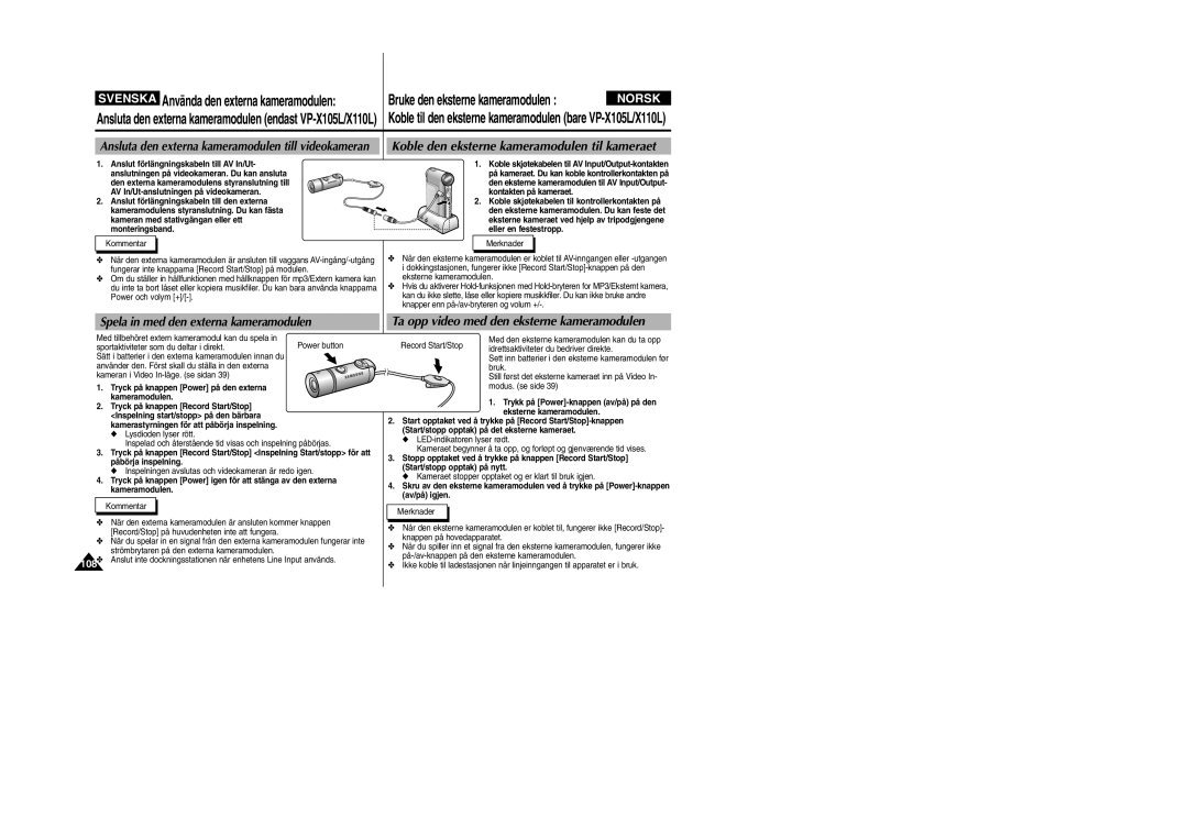 Samsung VP-X105L/XEE, VP-X105L/XEV manual Spela in med den externa kameramodulen, Svenska Använda den externa kameramodulen 