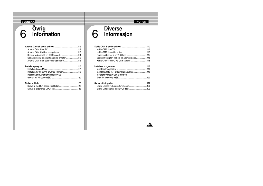 Samsung VP-X105L/XEV manual 112, 113, 114, 115, 116, 117, 119, Installera drivrutiner för Windows98SE, 120, 122, 123 