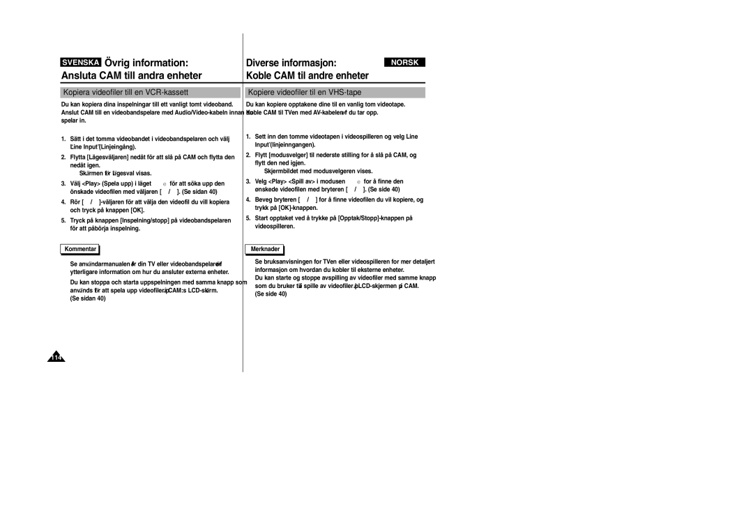 Samsung VP-X105L/XEE, VP-X105L/XEV Svenska Övrig information, Ansluta CAM till andra enheter, Spelar, Se sidan Merknader 