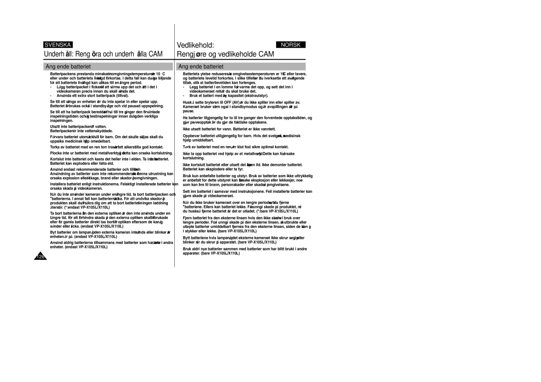 Samsung VP-X105L/XEE, VP-X105L/XEV manual Angående batteriet 