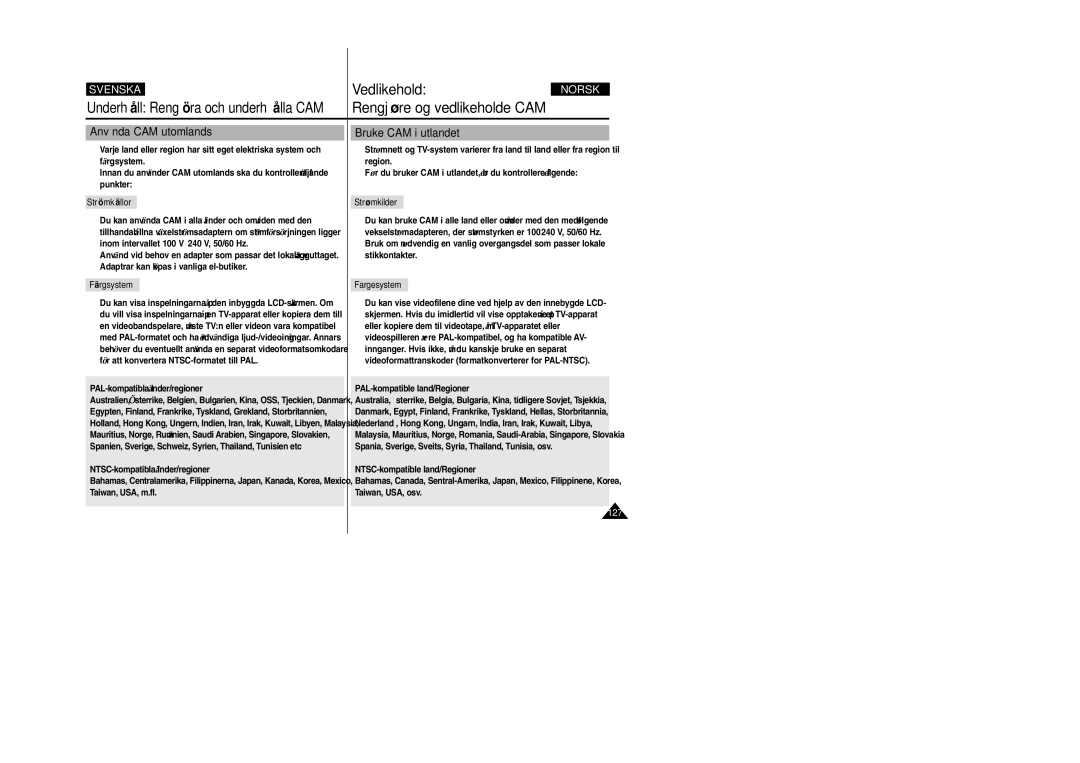 Samsung VP-X105L/XEV, VP-X105L/XEE manual Använda CAM utomlands, Bruke CAM i utlandet, Strömkällor, Strømkilder, Färgsystem 