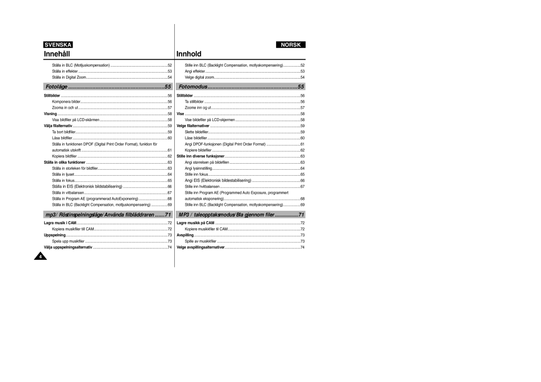 Samsung VP-X105L/XEE, VP-X105L/XEV manual Innhold, Fotoläge Fotomodus 