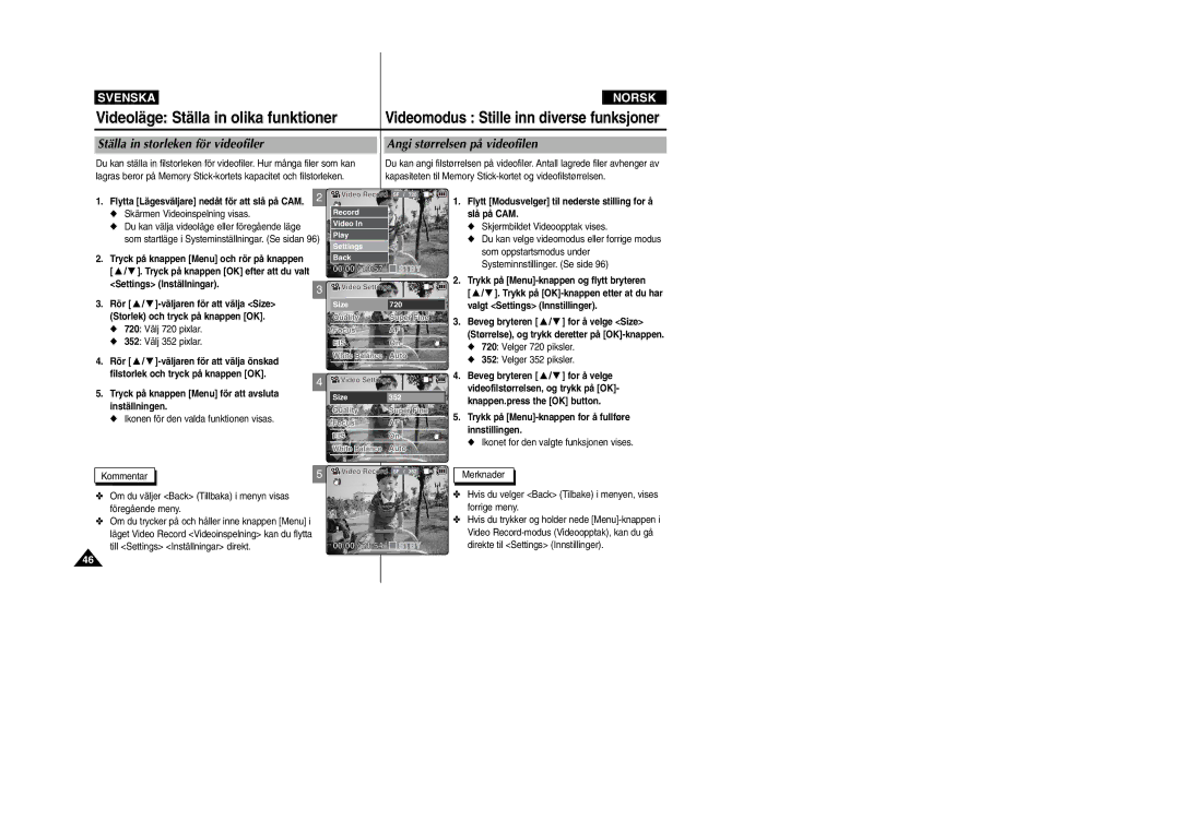 Samsung VP-X105L/XEE, VP-X105L/XEV manual Videomodus Stille inn diverse funksjoner 