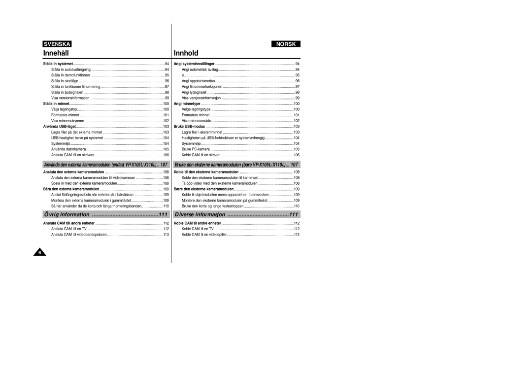 Samsung VP-X105L/XEE, VP-X105L/XEV manual Diverse informasjon, Ställa in systemet 