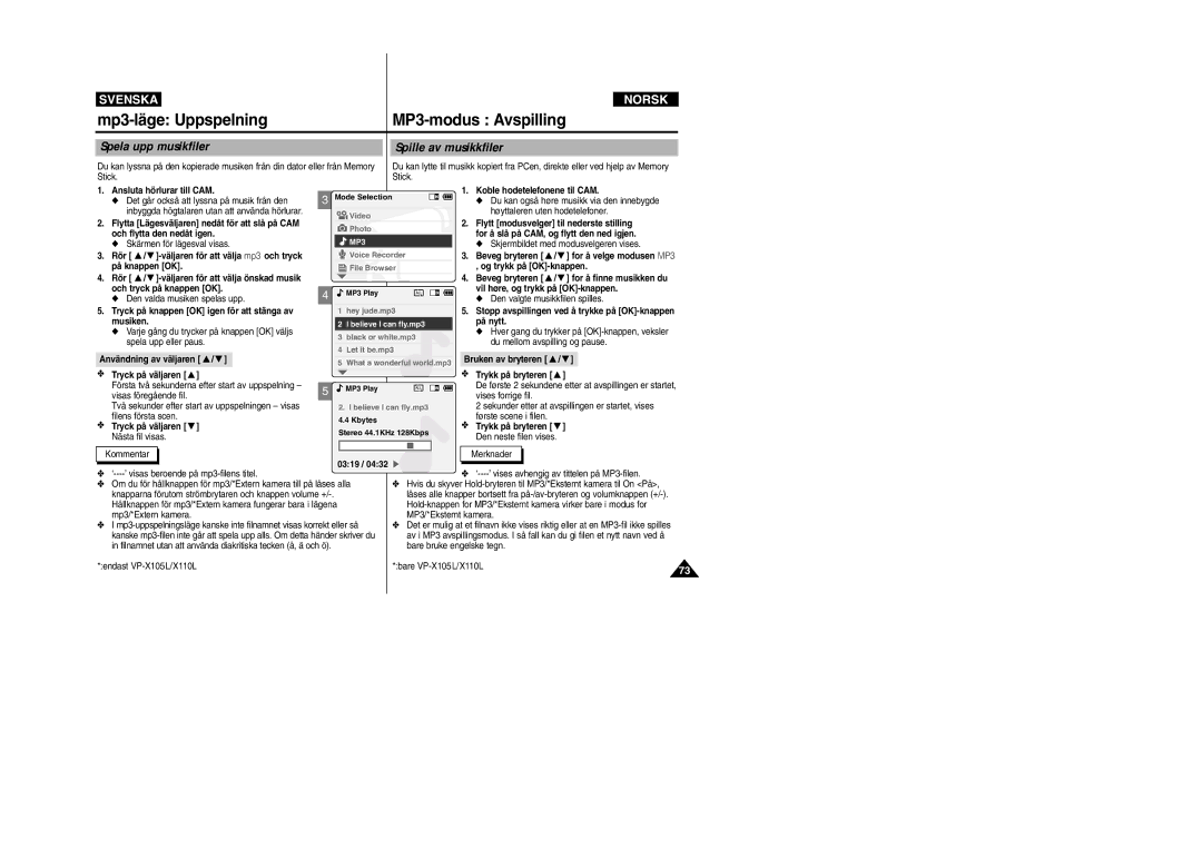 Samsung VP-X105L/XEV, VP-X105L/XEE manual Mp3-läge Uppspelning, Spela upp musikfiler Spille av musikkfiler 