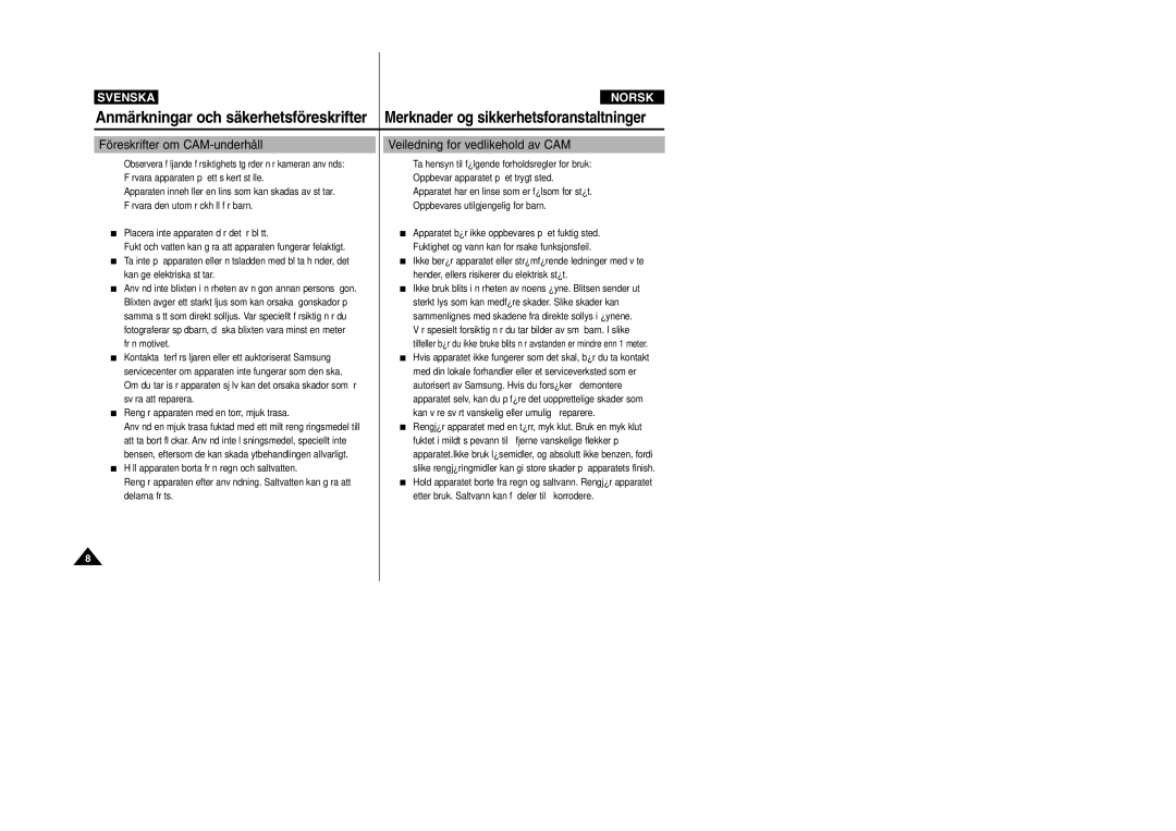 Samsung VP-X105L/XEE, VP-X105L/XEV manual Föreskrifter om CAM-underhåll, Veiledning for vedlikehold av CAM 