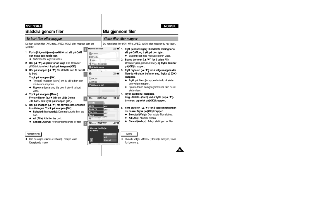 Samsung VP-X105L/XEV manual Bläddra genom filer Bla gjennom filer, Ta bort filer eller mappar Slette filer eller mapper 