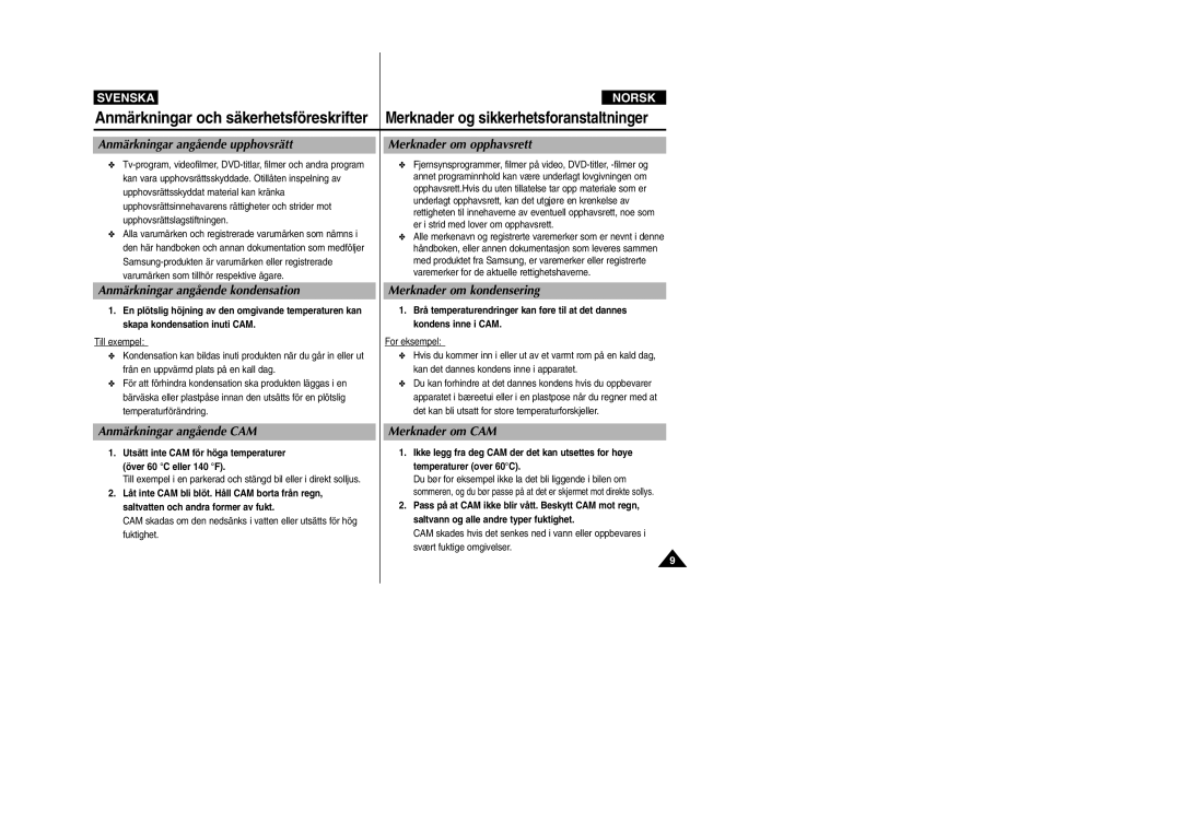 Samsung VP-X105L/XEV manual Anmärkningar angående upphovsrätt, Merknader om opphavsrett, Anmärkningar angående kondensation 