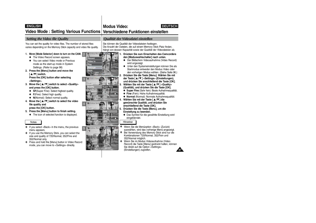 Samsung VP-X105L/XEV, VP-X105L/XEH, VP-X105L/XEE manual Setting the Video file Quality, Qualität der Videodatei einstellen 