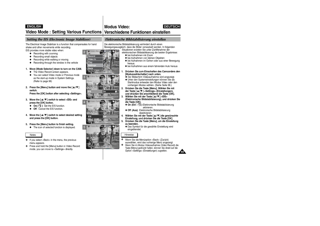 Samsung VP-X105L/XEE, VP-X105L/XEH, VP-X105L/SEO, VP-X105L/XEV manual Video Mode Setting Various Functions 