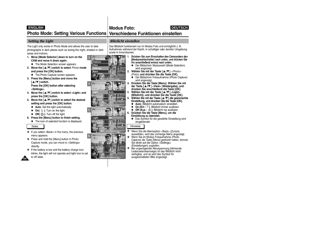 Samsung VP-X105L/XEH Setting the Light, Blitzlicht einstellen, CAM and move it down again Mode Selection screen appears 