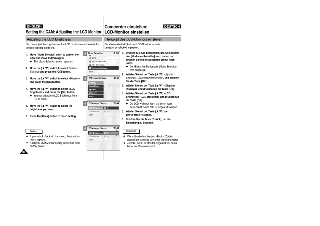 Samsung VP-X105L/XEH, VP-X105L/XEE, VP-X105L/SEO, VP-X105L/XEV manual Camcorder einstellen 