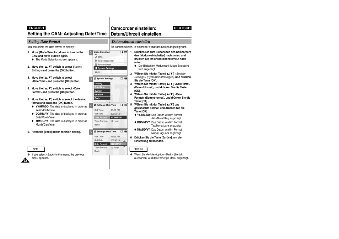 Samsung VP-X105L/XEH, VP-X105L/XEE, VP-X105L/SEO, VP-X105L/XEV manual Setting Date Format, Datumsformat einstellen 