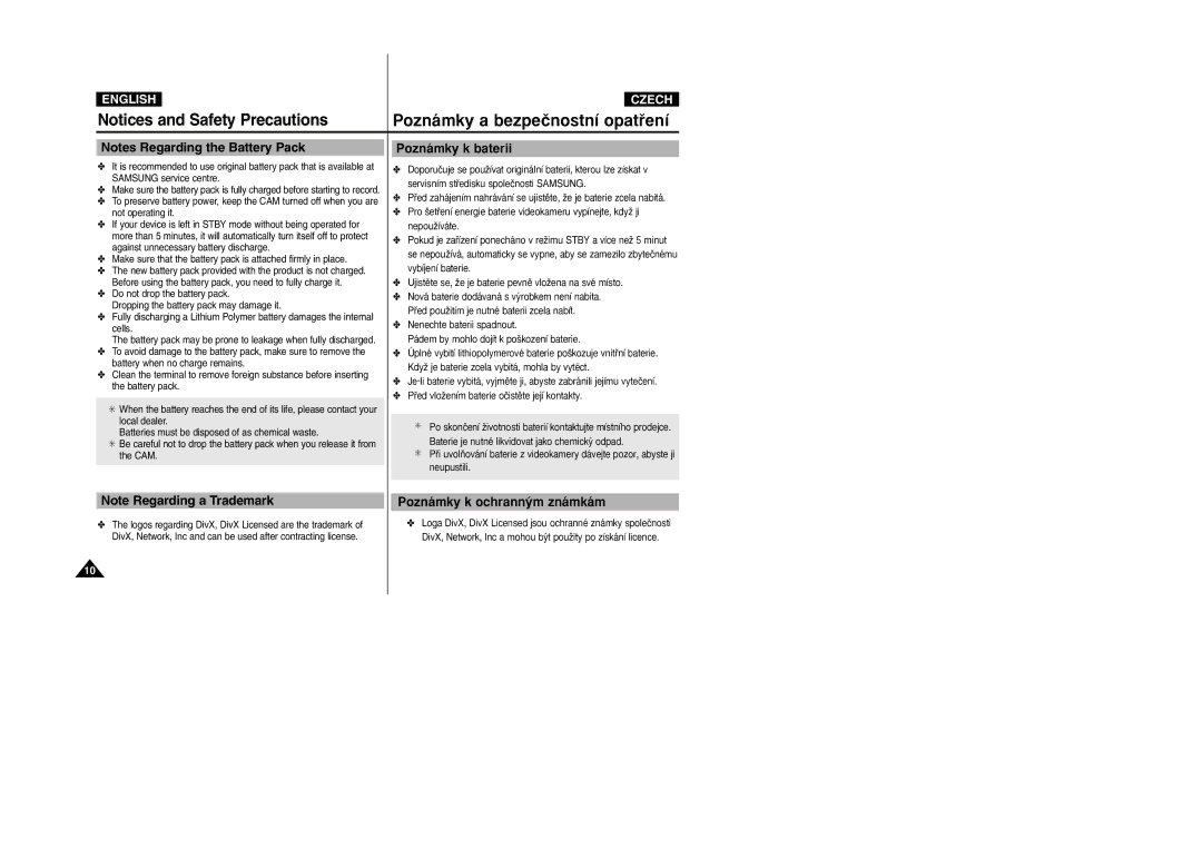 Samsung VP-X105L/XEV, VP-X110L/XEF, VP-X110L/XET, VP-X110LMEM, VP-X110L/XEC Poznámky k baterii, Poznámky k ochrann˘m známkám 