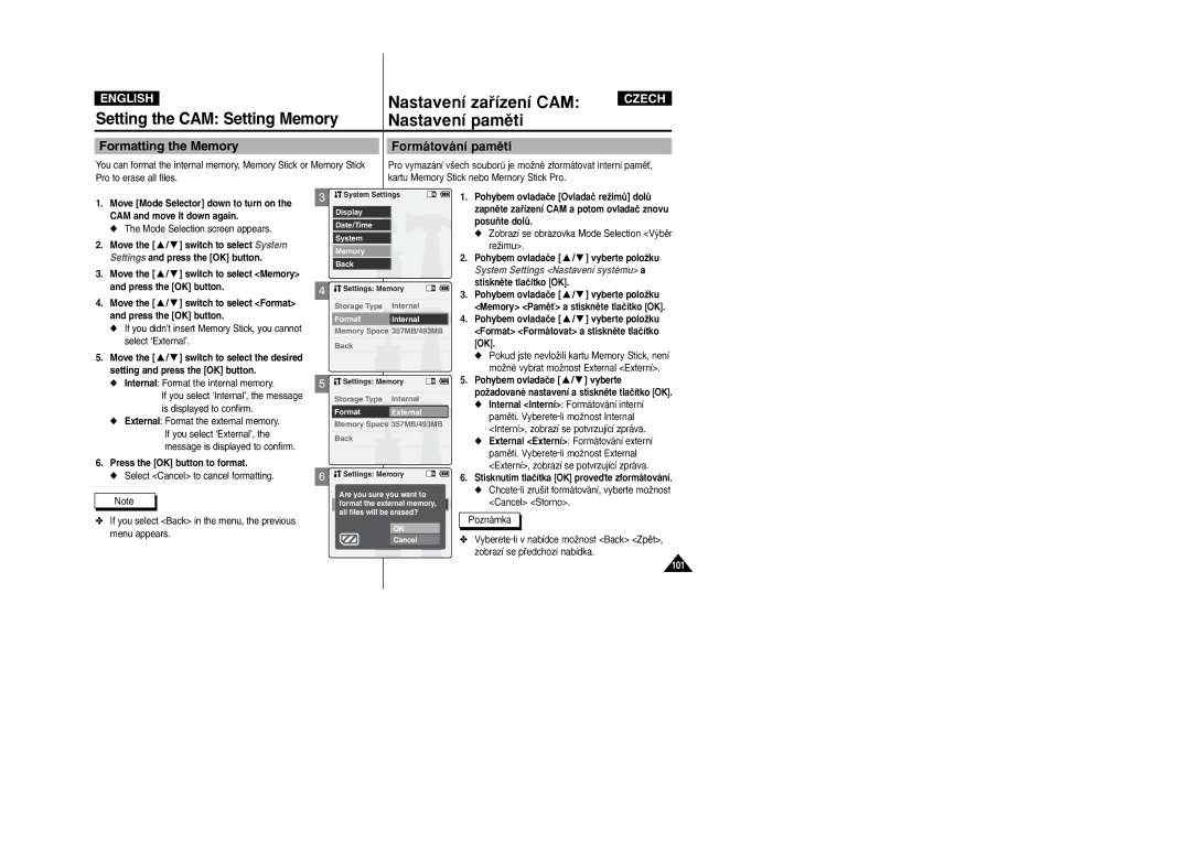 Samsung VP-X105L/XEV, VP-X110L/XEF manual Formatting the Memory Formátování pamûti, Internal Format the internal memory 