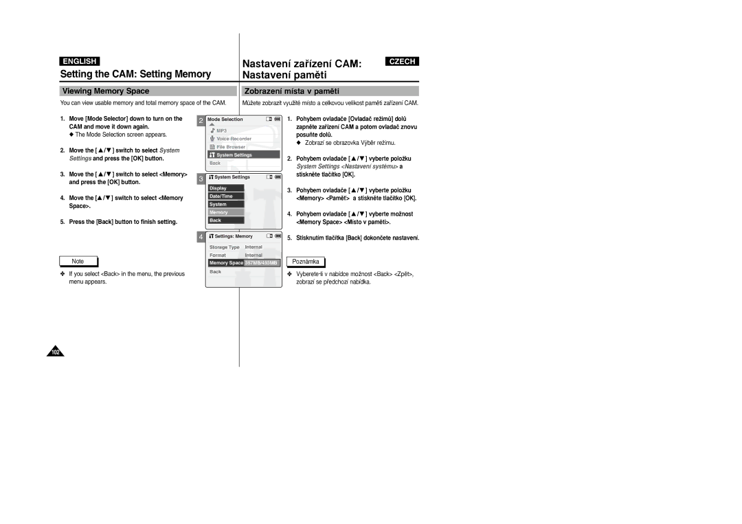 Samsung VP-X110L/XEG, VP-X110L/XEF, VP-X110L/XET, VP-X110LMEM, VP-X110L/XEC Viewing Memory Space, Zobrazení místa v pamûti 