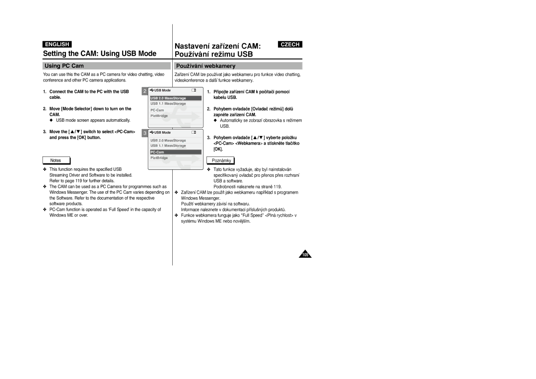 Samsung VP-X110L/XET, VP-X110L/XEF, VP-X110LMEM Using PC Cam PouÏívání webkamery, USB mode screen appears automatically 