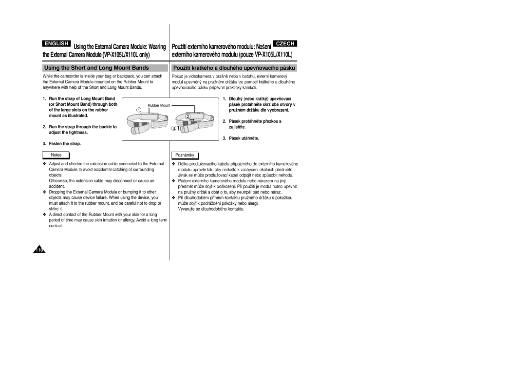 Samsung VP-X110L/XEH, VP-X110L/XEF manual Using the Short and Long Mount Bands, MÛÏe dojít k podráÏdûní pokoÏky nebo alergii 