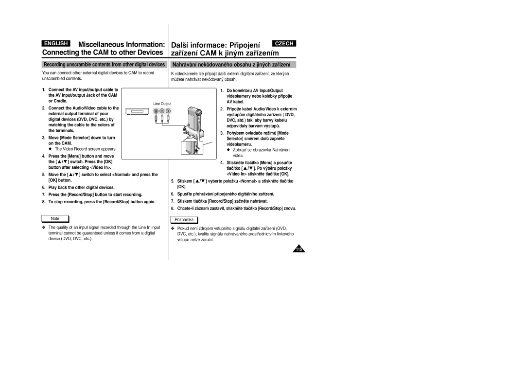 Samsung VP-X110L/XEG manual Recording unscramble contents from other digital devices, Or Cradle, AV kabel, Line Output 