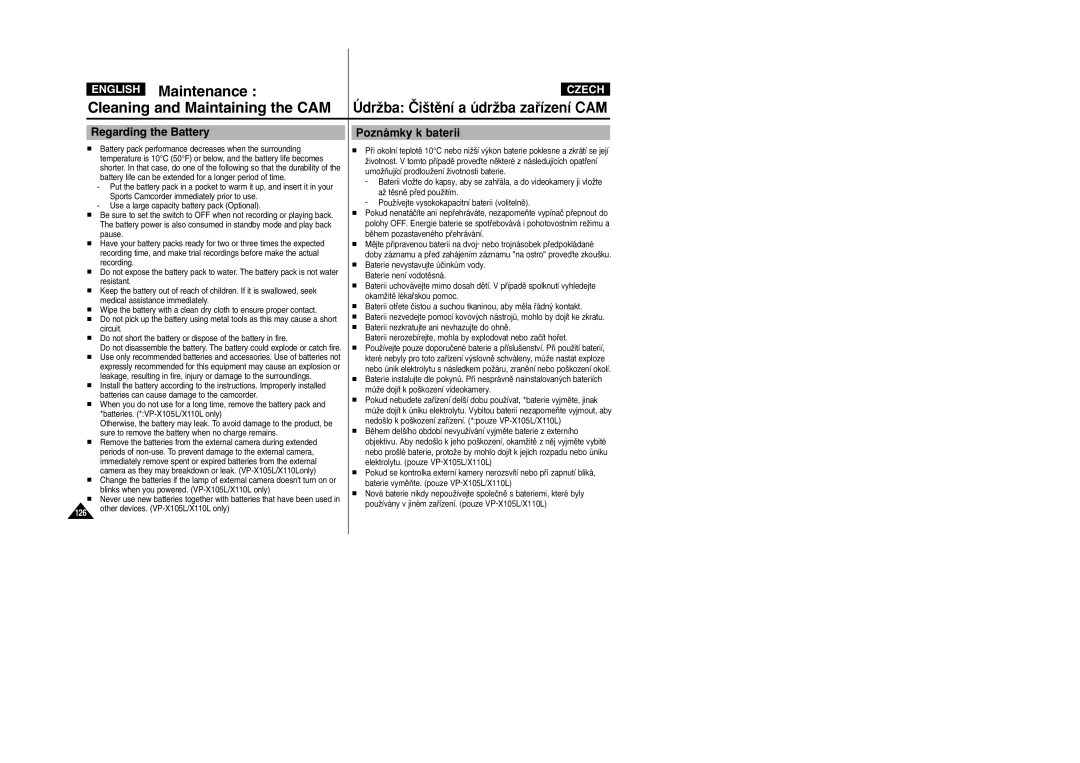 Samsung VP-X110L/XEV, VP-X110L/XEF, VP-X110L/XET, VP-X110LMEM, VP-X110L/XEC manual Regarding the Battery, Poznámky k baterii 