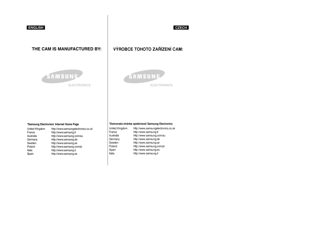 Samsung VP-X110L/XEH, VP-X110L/XEF Samsung Electronics’ Internet Home, Domovská stránka spoleãnosti Samsung Electronics 