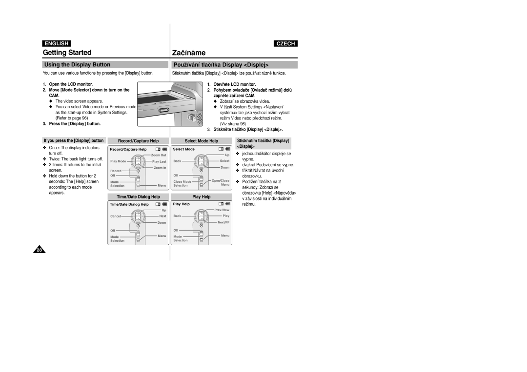 Samsung VP-X110LMEM manual Using the Display Button PouÏívání tlaãítka Display Displej, Zapnûte zaﬁízení CAM, Viz strana 