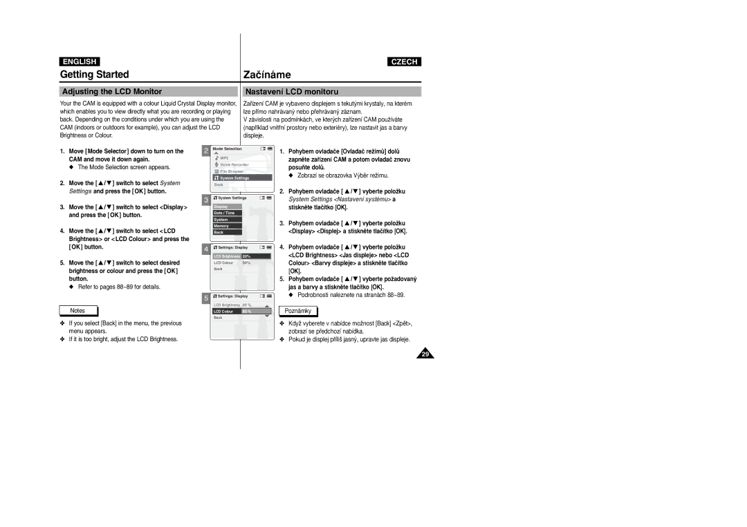 Samsung VP-X110L/XEC, VP-X110L/XEF manual Adjusting the LCD Monitor Nastavení LCD monitoru, Mode Selection screen appears 