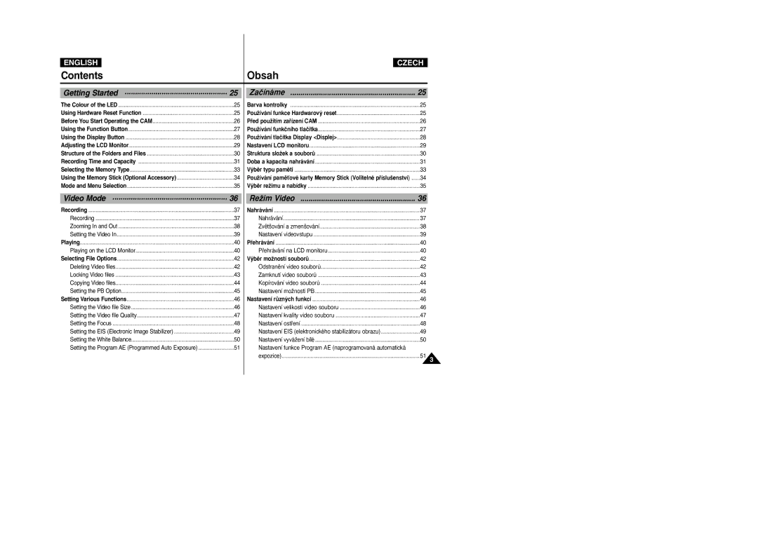 Samsung VP-X110L/XEC, VP-X110L/XEF, VP-X110L/XET, VP-X110LMEM manual Contents, Using the Memory Stick Optional Accessory 