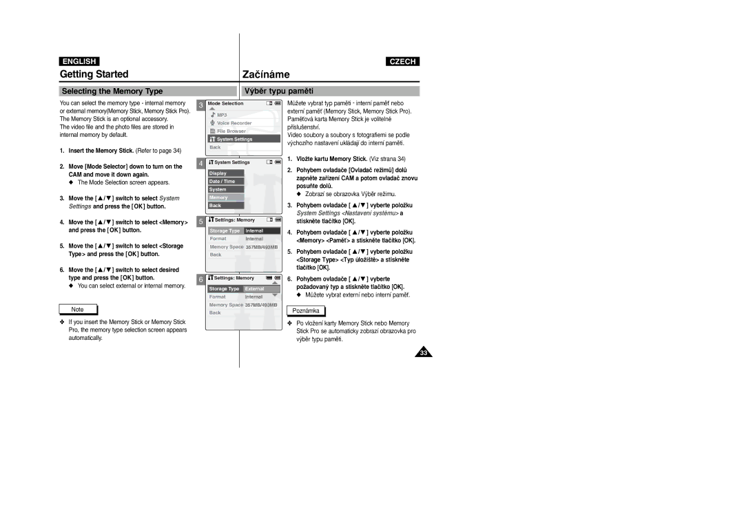 Samsung VP-X105L/XEE, VP-X110L/XEF, VP-X110L/XET Selecting the Memory Type ˘bûr typu pamûti, Type and press the OK button 