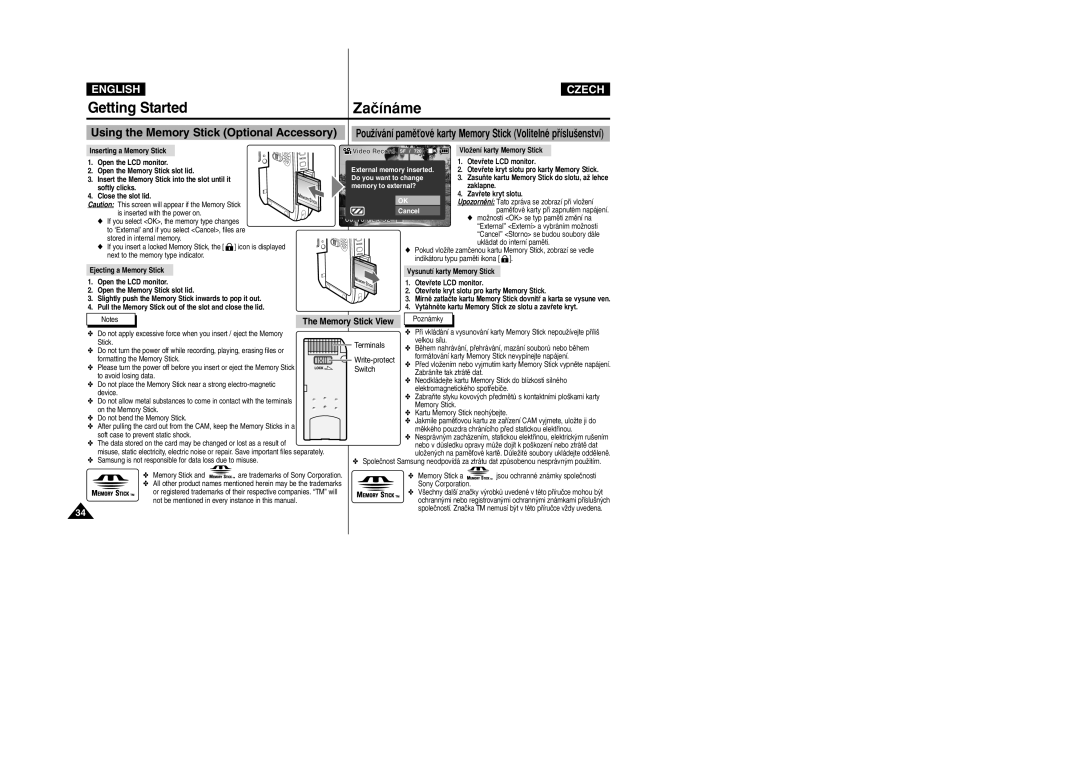 Samsung VP-X105L/SEO, VP-X110L/XEF, VP-X110L/XET, VP-X110LMEM, VP-X110L/XEC Using the Memory Stick Optional Accessory, Blc 