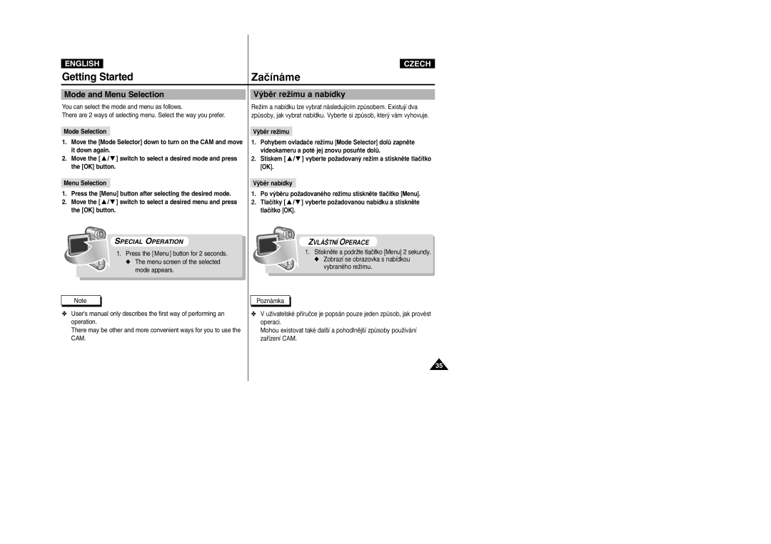 Samsung VP-X110L/XEV, VP-X110L/XEF manual Mode and Menu Selection, ˘bûr reÏimu a nabídky, Mode Selection, ˘bûr nabídky 